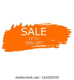 Sale 50% off sign over art orange brush acrylic stroke paint abstract texture background vector illustration. Acrylic paint brush stroke.Grunge ink brush stroke. Sale layout design for shop and banner