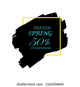 Sale 50% off sign over art black brush acrylic stroke paint abstract texture background vector illustration. Acrylic paint brush stroke. Grunge ink brush stroke. Sale layout design for shop and banner