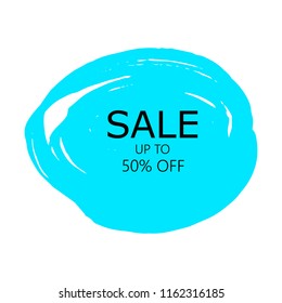 Sale 50% off sign over art color brush acrylic stroke paint abstract texture background vector illustration. Acrylic paint brush stroke. Grunge ink brush stroke. Sale layout design for shop and banner