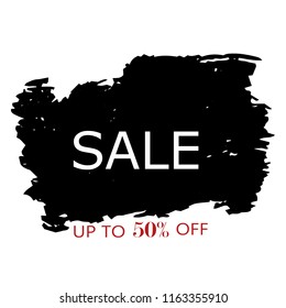 Sale 50% off sign over art black brush acrylic stroke paint abstract texture background vector illustration. Acrylic paint brush stroke. Grunge ink brush stroke. Sale layout design for shop and banner