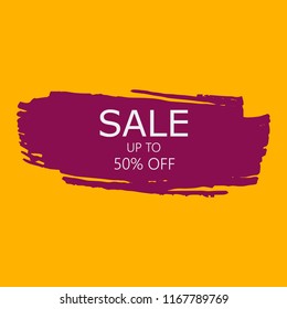 Sale 50% off sign over art pink brush acrylic stroke paint abstract texture background vector illustration. Acrylic paint brush stroke. Grunge ink brush stroke. Sale layout design for shop and banner.