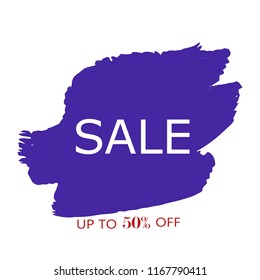 Sale 50% off sign over art blue brush acrylic stroke paint abstract texture background vector illustration. Acrylic paint brush stroke. Grunge ink brush stroke. Sale layout design for shop and banner.