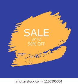 Sale 50% off sign over art orange brush acrylic stroke paint abstract texture background vector illustration. Acrylic paint brush stroke.Grunge ink brush stroke. Sale layout design for shop and banner