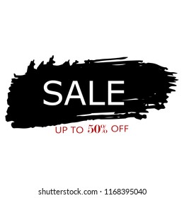 Sale 50% off sign over art black brush acrylic stroke paint abstract texture background vector illustration. Acrylic paint brush stroke. Grunge ink brush stroke. Sale layout design for shop and banner