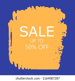 Sale 50% off sign over art orange brush acrylic stroke paint abstract texture background vector illustration. Acrylic paint brush stroke.Grunge ink brush stroke. Sale layout design for shop and banner