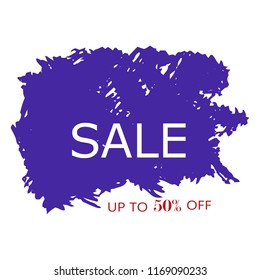 Sale 50% off sign over art blue brush acrylic stroke paint abstract texture background vector illustration. Acrylic paint brush stroke. Grunge ink brush stroke. Sale layout design for shop and banner.