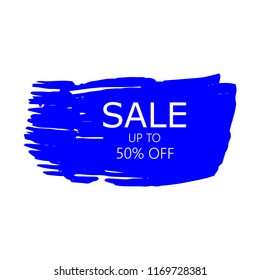 Sale 50% off sign over art blue brush acrylic stroke paint abstract texture background vector illustration. Acrylic paint brush stroke. Grunge ink brush stroke. Sale layout design for shop and banner.
