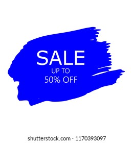 Sale 50% off sign over art blue brush acrylic stroke paint abstract texture background vector illustration. Acrylic paint brush stroke. Grunge ink brush stroke. Sale layout design for shop and banner.