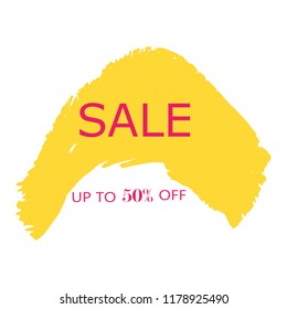 Sale 50% off sign over art yellow brush acrylic stroke paint abstract texture background vector illustration. Acrylic paint brush stroke.Grunge ink brush stroke. Sale layout design for shop and banner