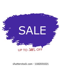 Sale 50% off sign over art blue brush acrylic stroke paint abstract texture background vector illustration. Acrylic paint brush stroke. Grunge ink brush stroke. Sale layout design for shop and banner.