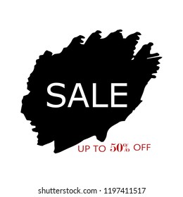 Sale 50% off sign over art black brush acrylic stroke paint abstract texture background vector illustration. Acrylic paint brush stroke. Grunge ink brush stroke. Sale layout design for shop and banner