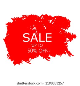 Sale 50% off sign over art red brush acrylic stroke paint abstract texture background vector illustration. Acrylic paint brush stroke. Grunge ink brush stroke. Sale layout design for shop and banner.