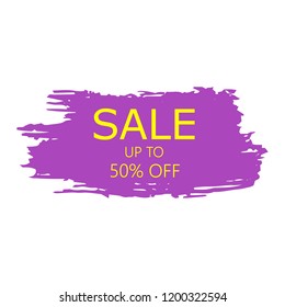 Sale 50% off sign over art purple brush acrylic stroke paint abstract texture background vector illustration. Acrylic paint brush stroke.Grunge ink brush stroke. Sale layout design for shop and banner