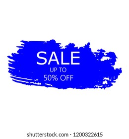 Sale 50% off sign over art blue brush acrylic stroke paint abstract texture background vector illustration. Acrylic paint brush stroke. Grunge ink brush stroke. Sale layout design for shop and banner.