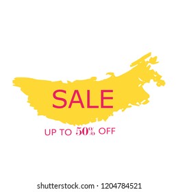 Sale 50% off sign over art yellow brush acrylic stroke paint abstract texture background vector illustration. Acrylic paint brush stroke.Grunge ink brush stroke. Sale layout design for shop and banner