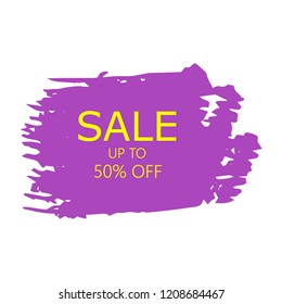 Sale 50% off sign over art purple brush acrylic stroke paint abstract texture background vector illustration. Acrylic paint brush stroke.Grunge ink brush stroke. Sale layout design for shop and banner