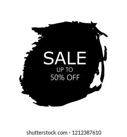 Sale 50% off sign over art black brush acrylic stroke paint abstract texture background vector illustration. Acrylic paint brush stroke. Grunge ink brush stroke. Sale layout design for shop and banner