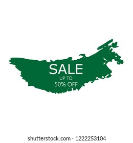 Sale 50% off sign over art green brush acrylic stroke paint abstract texture background vector illustration. Acrylic paint brush stroke. Grunge ink brush stroke. Sale layout design for shop and banner
