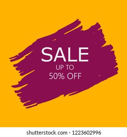 Sale 50% off sign over art pink brush acrylic stroke paint abstract texture background vector illustration. Acrylic paint brush stroke. Grunge ink brush stroke. Sale layout design for shop and banner.
