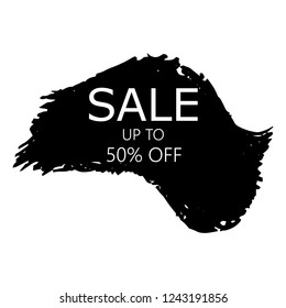 Sale 50% off sign over art black brush acrylic stroke paint abstract texture background vector illustration. Acrylic paint brush stroke. Grunge ink brush stroke. Sale layout design for shop and banner