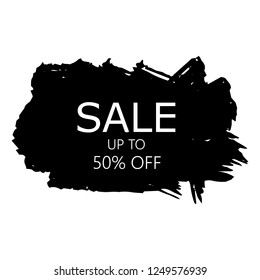 Sale 50% off sign over art black brush acrylic stroke paint abstract texture background vector illustration. Acrylic paint brush stroke. Grunge ink brush stroke. Sale layout design for shop and banner