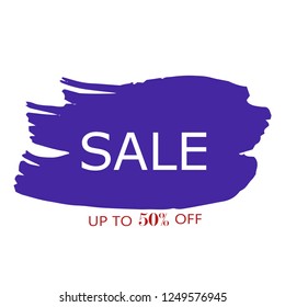 Sale 50% off sign over art blue brush acrylic stroke paint abstract texture background vector illustration. Acrylic paint brush stroke. Grunge ink brush stroke. Sale layout design for shop and banner.