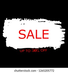 Sale 50% off sign over art white brush acrylic stroke paint abstract texture background vector illustration. Acrylic paint brush stroke. Grunge ink brush stroke. Sale layout design for shop and banner