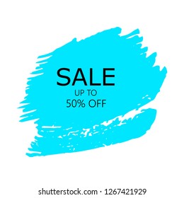 Sale 50% off sign over art color brush acrylic stroke paint abstract texture background vector illustration. Acrylic paint brush stroke. Grunge ink brush stroke. Sale layout design for shop and banner