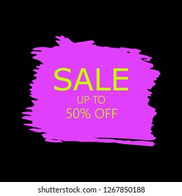 Sale 50% off sign over art pink brush acrylic stroke paint abstract texture background vector illustration. Acrylic paint brush stroke. Grunge ink brush stroke. Sale layout design for shop and banner.