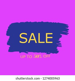 Sale 50% off sign over art blue brush acrylic stroke paint abstract texture background vector illustration. Acrylic paint brush stroke. Grunge ink brush stroke. Sale layout design for shop and banner.