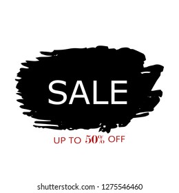 Sale 50% off sign over art black brush acrylic stroke paint abstract texture background vector illustration. Acrylic paint brush stroke. Grunge ink brush stroke. Sale layout design for shop and banner