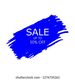 Sale 50% off sign over art blue brush acrylic stroke paint abstract texture background vector illustration. Acrylic paint brush stroke. Grunge ink brush stroke. Sale layout design for shop and banner.