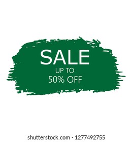 Sale 50% off sign over art green brush acrylic stroke paint abstract texture background vector illustration. Acrylic paint brush stroke. Grunge ink brush stroke. Sale layout design for shop and banner