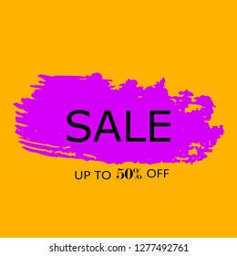 Sale 50% off sign over art pink brush acrylic stroke paint abstract texture background vector illustration. Acrylic paint brush stroke. Grunge ink brush stroke. Sale layout design for shop and banner.