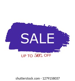 Sale 50% off sign over art blue brush acrylic stroke paint abstract texture background vector illustration. Acrylic paint brush stroke. Grunge ink brush stroke. Sale layout design for shop and banner.