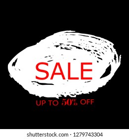 Sale 50% off sign over art white brush acrylic stroke paint abstract texture background vector illustration. Acrylic paint brush stroke. Grunge ink brush stroke. Sale layout design for shop and banner