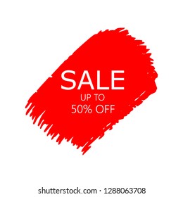 Sale 50% off sign over art red brush acrylic stroke paint abstract texture background vector illustration. Acrylic paint brush stroke. Grunge ink brush stroke. Sale layout design for shop and banner.