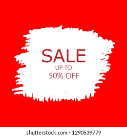 Sale 50% off sign over art white brush acrylic stroke paint abstract texture background vector illustration. Acrylic paint brush stroke. Grunge ink brush stroke. Sale layout design for shop and banner