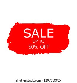 Sale 50% off sign over art red brush acrylic stroke paint abstract texture background vector illustration. Acrylic paint brush stroke. Grunge ink brush stroke. Sale layout design for shop and banner.