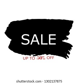 Sale 50% off sign over art black brush acrylic stroke paint abstract texture background vector illustration. Acrylic paint brush stroke. Grunge ink brush stroke. Sale layout design for shop and banner