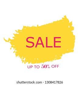 Sale 50% off sign over art yellow brush acrylic stroke paint abstract texture background vector illustration. Acrylic paint brush stroke.Grunge ink brush stroke. Sale layout design for shop and banner