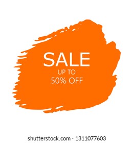 Sale 50% off sign over art orange brush acrylic stroke paint abstract texture background vector illustration. Acrylic paint brush stroke.Grunge ink brush stroke. Sale layout design for shop and banner