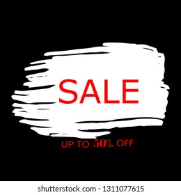 Sale 50% off sign over art white brush acrylic stroke paint abstract texture background vector illustration. Acrylic paint brush stroke. Grunge ink brush stroke. Sale layout design for shop and banner