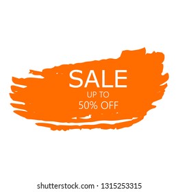 Sale 50% off sign over art orange brush acrylic stroke paint abstract texture background vector illustration. Acrylic paint brush stroke.Grunge ink brush stroke. Sale layout design for shop and banner