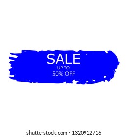 Sale 50% off sign over art blue brush acrylic stroke paint abstract texture background vector illustration. Acrylic paint brush stroke. Grunge ink brush stroke. Sale layout design for shop and banner.