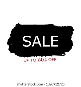 Sale 50% off sign over art black brush acrylic stroke paint abstract texture background vector illustration. Acrylic paint brush stroke. Grunge ink brush stroke. Sale layout design for shop and banner