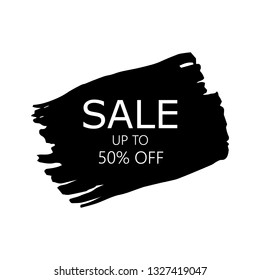 Sale 50% off sign over art black brush acrylic stroke paint abstract texture background vector illustration. Acrylic paint brush stroke. Grunge ink brush stroke. Sale layout design for shop and banner