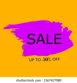 Sale 50% off sign over art pink brush acrylic stroke paint abstract texture background vector illustration. Acrylic paint brush stroke. Grunge ink brush stroke. Sale layout design for shop and banner.