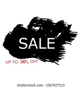 Sale 50% off sign over art black brush acrylic stroke paint abstract texture background vector illustration. Acrylic paint brush stroke. Grunge ink brush stroke. Sale layout design for shop and banner