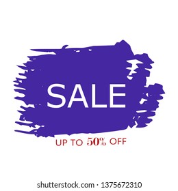 Sale 50% off sign over art blue brush acrylic stroke paint abstract texture background vector illustration. Acrylic paint brush stroke. Grunge ink brush stroke. Sale layout design for shop and banner.